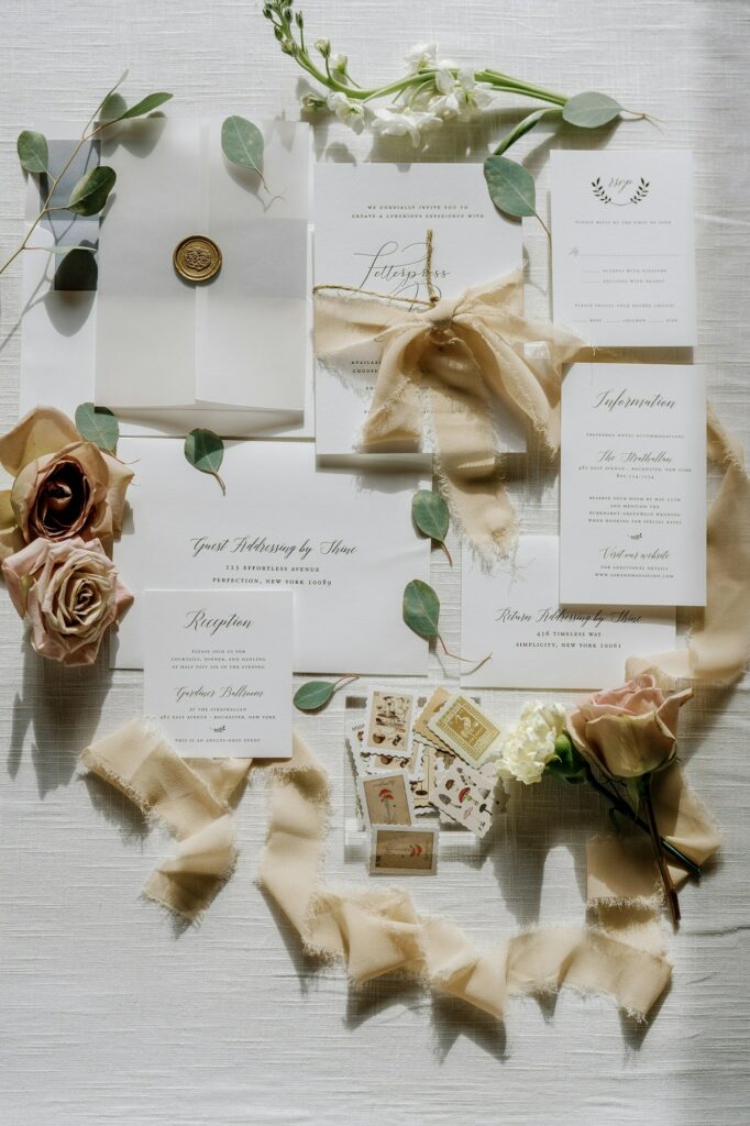 Flatlay élégant de papeterie de mariage avec des roses anciennes