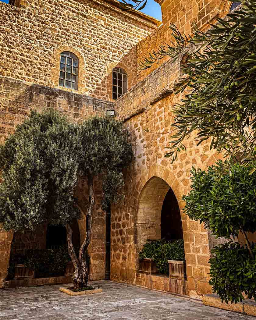 bastide provençale en pierre avec cour ombragée et oliviers